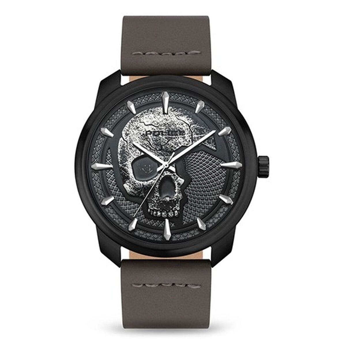 Montre Police BLEDER noire à cadran tête de mort, bracelet marron foncé, Ø44 mm
