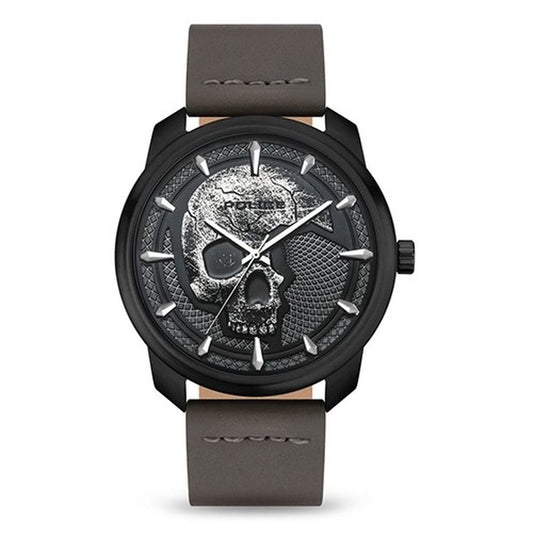 Montre Police BLEDER noire à cadran tête de mort, bracelet marron foncé, Ø44 mm