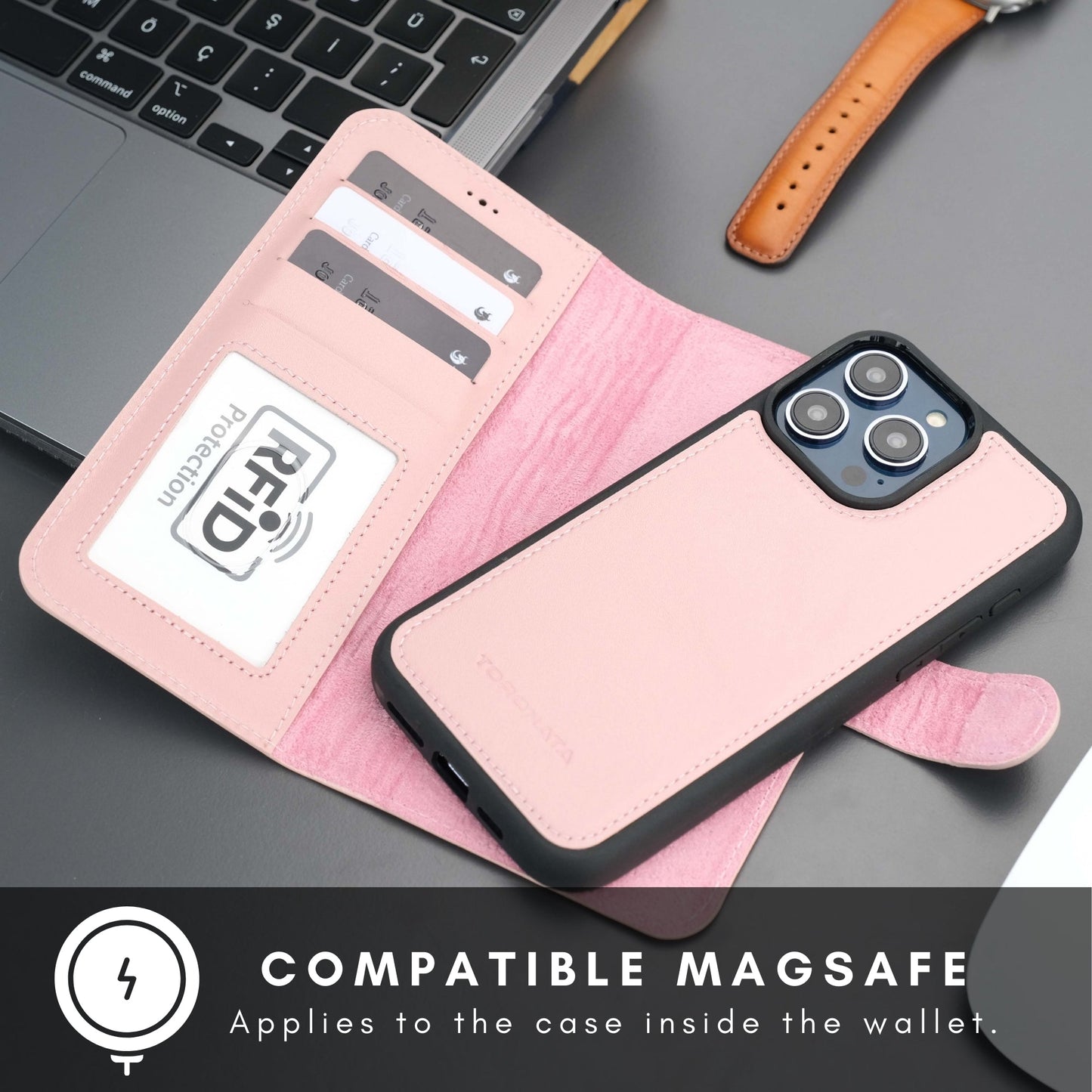 Coque portefeuille cuir rose, poche RFID et rabat, vue dos d’iPhone avec ouverture