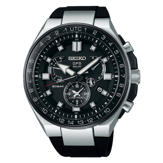 Montre Seiko à bracelet caoutchouc noir, boîtier titane, cadran noir GPS solaire.