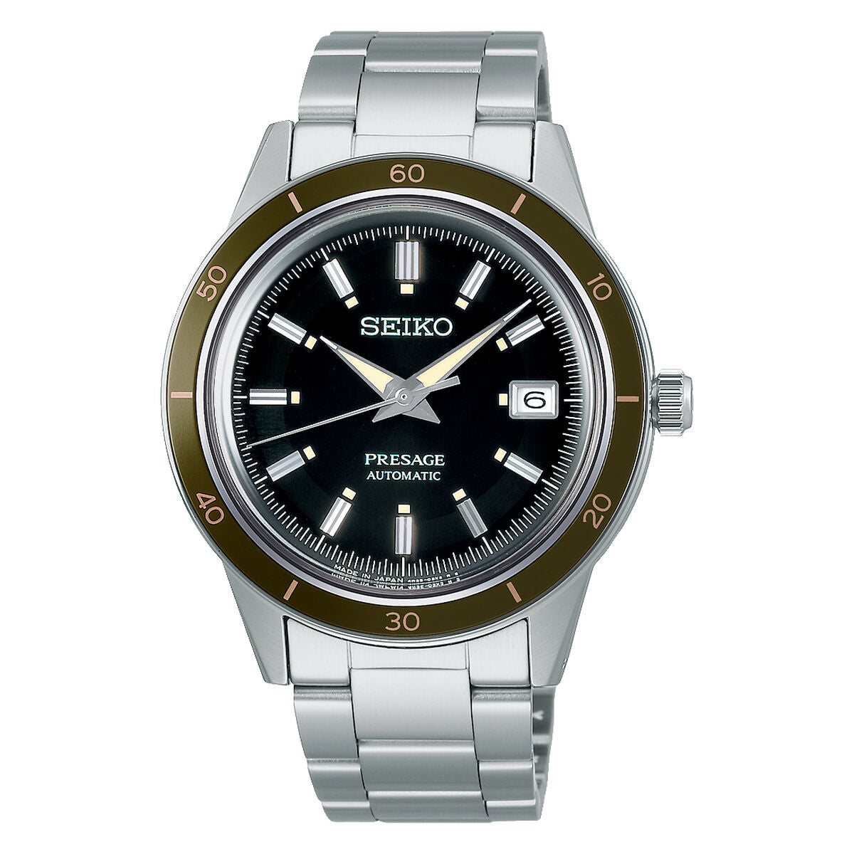 Montre Seiko Presage unisexe à cadran noir, bracelet acier, lunette vert olive