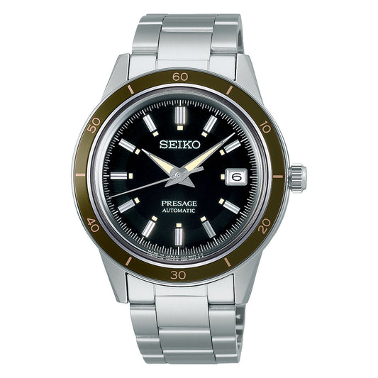 Montre Seiko Presage unisexe à cadran noir, bracelet acier, lunette vert olive