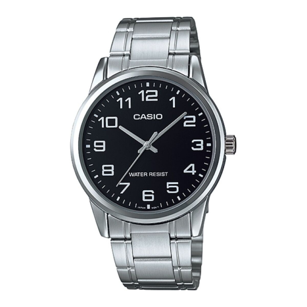 Montre Casio à bracelet acier, cadran noir avec index et trotteuse; boîtier Ø 38 mm.