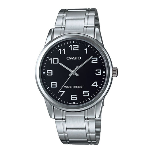 Montre Casio à bracelet acier, cadran noir avec index et trotteuse; boîtier Ø 38 mm.