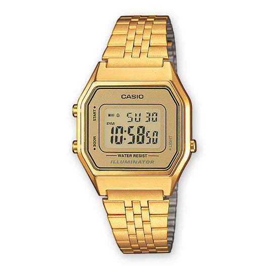 Montre Casio dorée bracelet maille acier, boîtier octogonal, écran LCD numérique