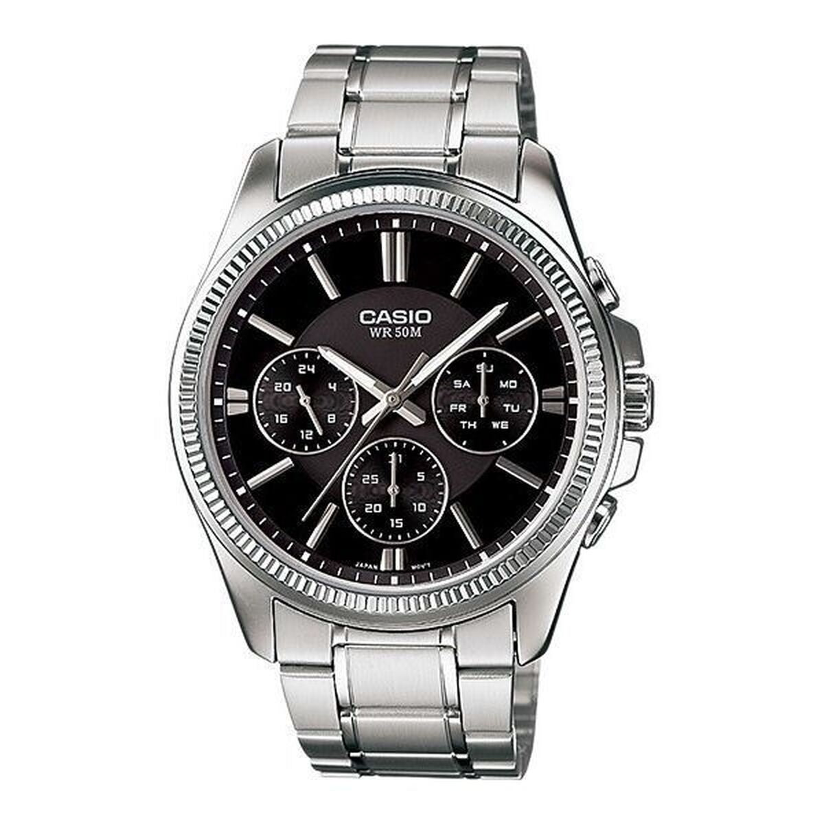 Montre homme Casio à cadran noir et bracelet acier, lunette tachymètre 35 mm