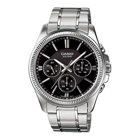 Montre homme Casio à cadran noir et bracelet acier, lunette tachymètre 35 mm