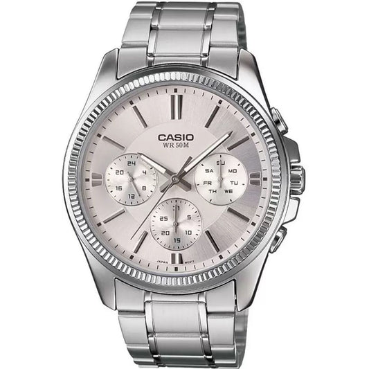 Montre Casio à bracelet métal argent, cadran gris argenté, cadrans chrono et index