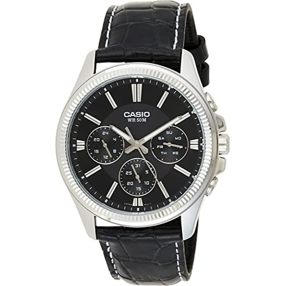 Montre homme Casio cadran noir et chronographe, bracelet cuir noir