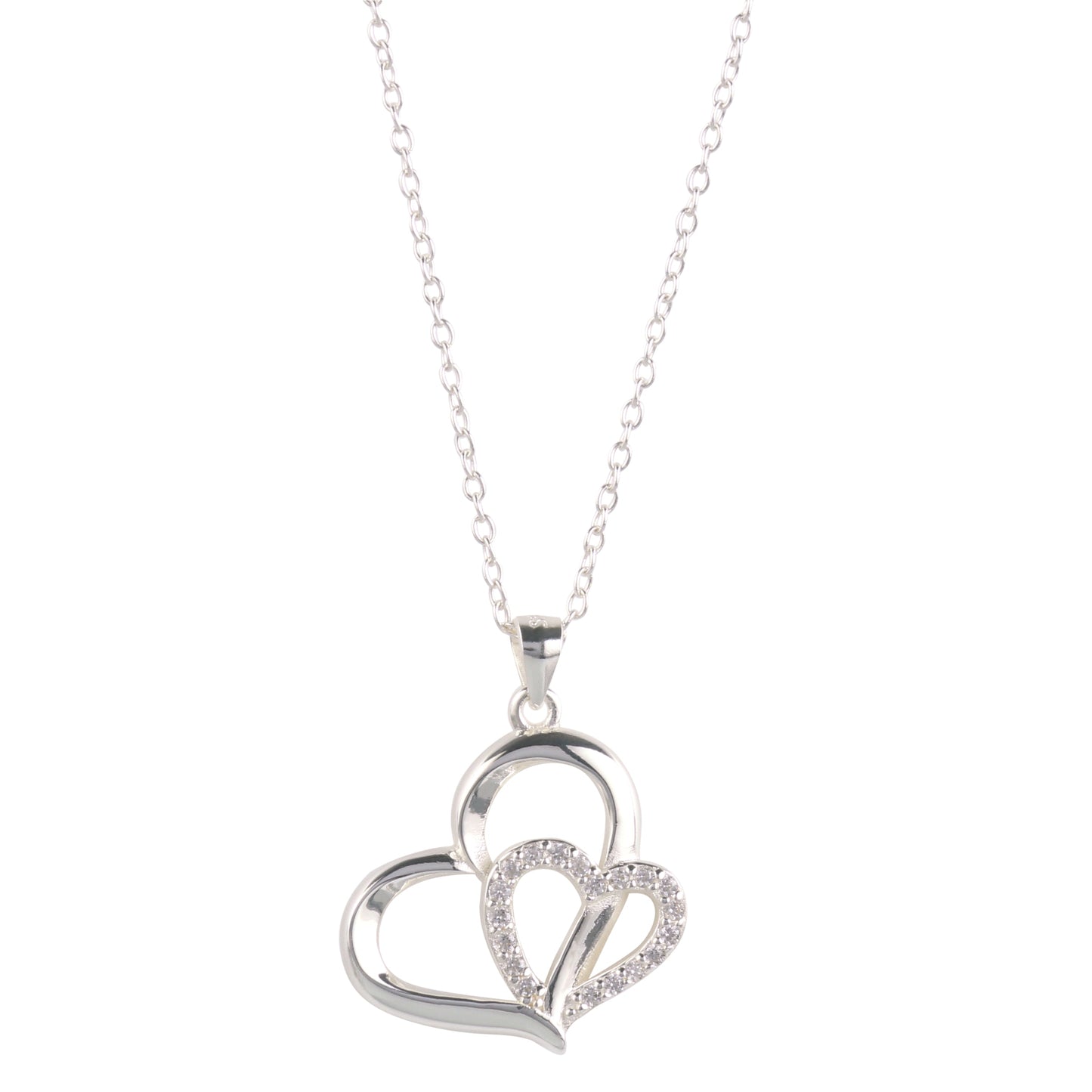 Collier argenté : pendentif double cœur et infini pavé sur chaîne fine