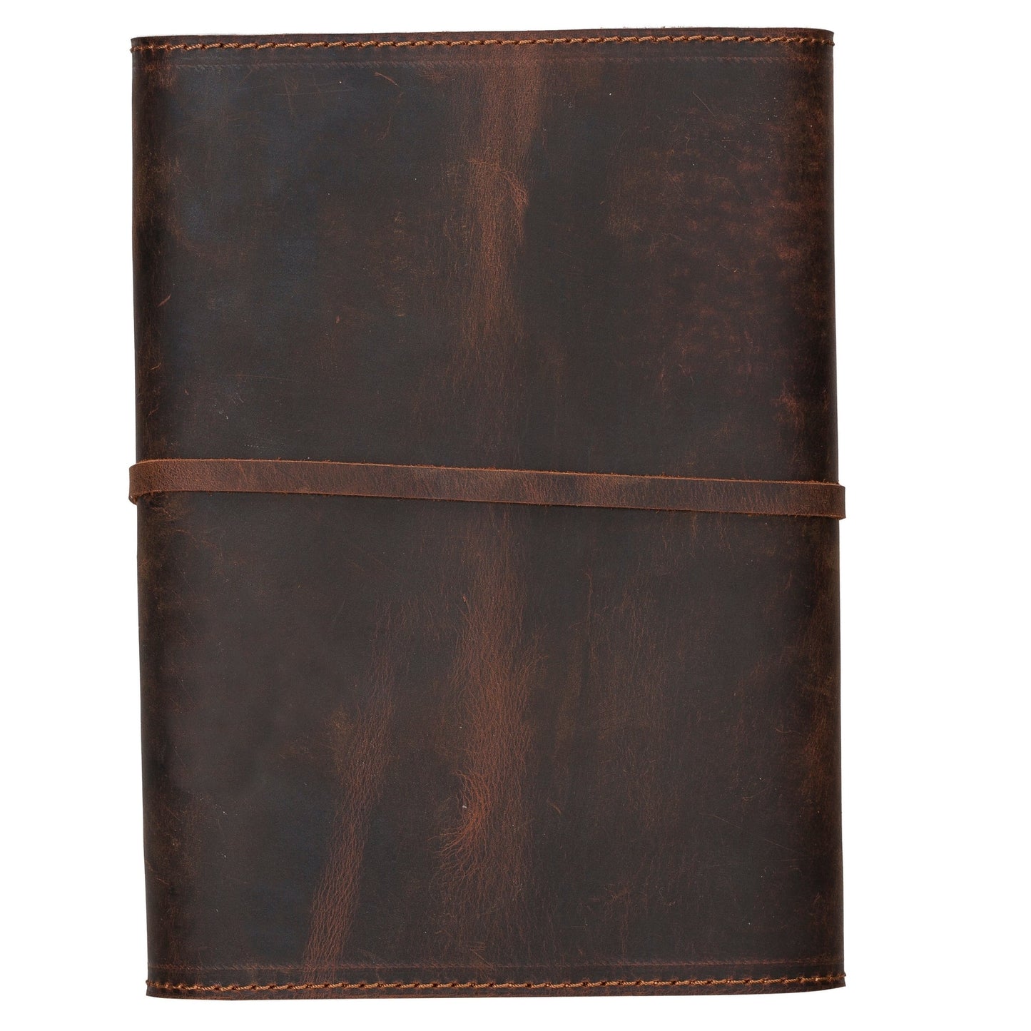 Protège-carnet en cuir marron fermé, rabat vertical et surpiqûres décoratives