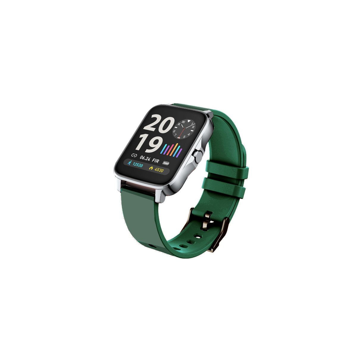 Montre connectée avec bracelet vert foncé, boîtier argenté, écran noir