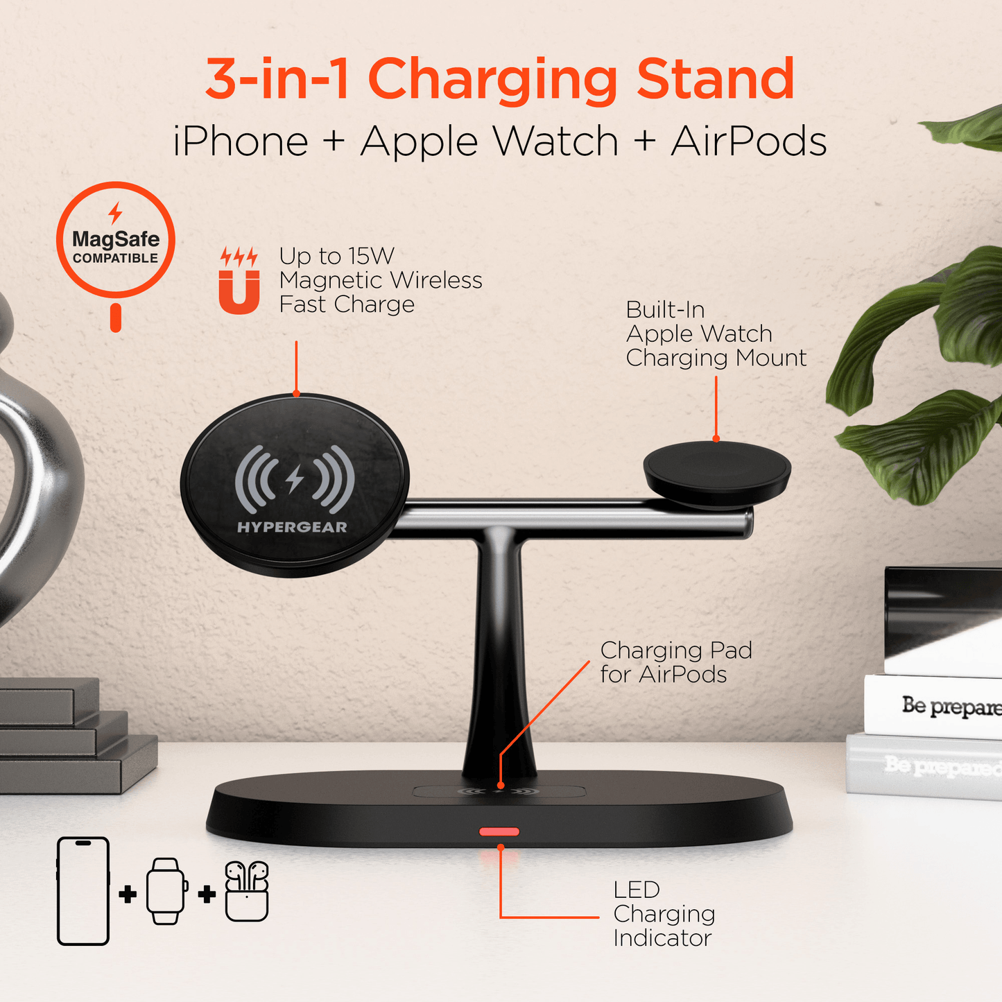 Station de charge 3-en-1 noire avec support Apple Watch, pad iPhone et AirPods
