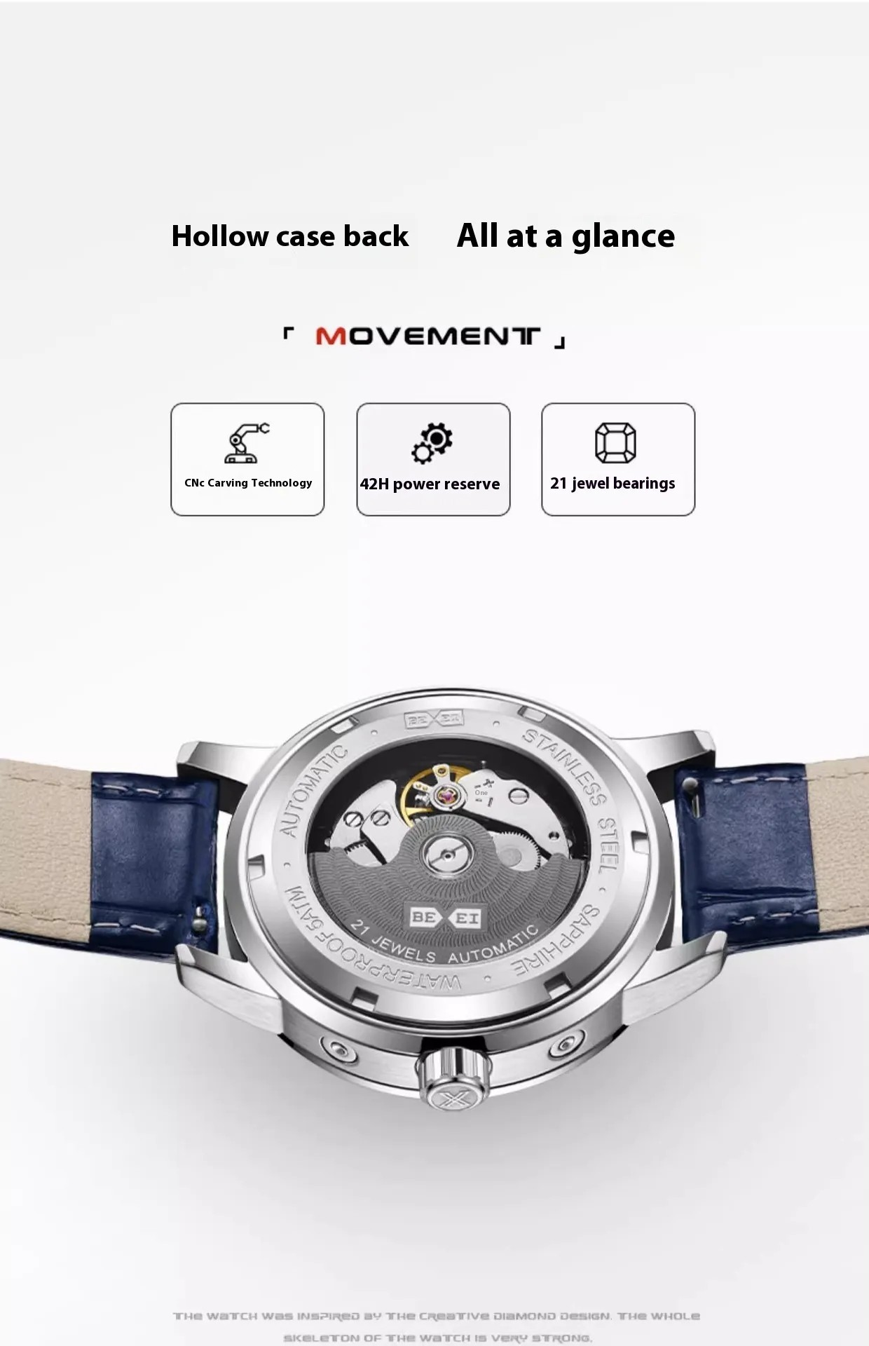 Fond de montre avec mécanisme visible, bracelet cuir bleu, boîtier en acier.