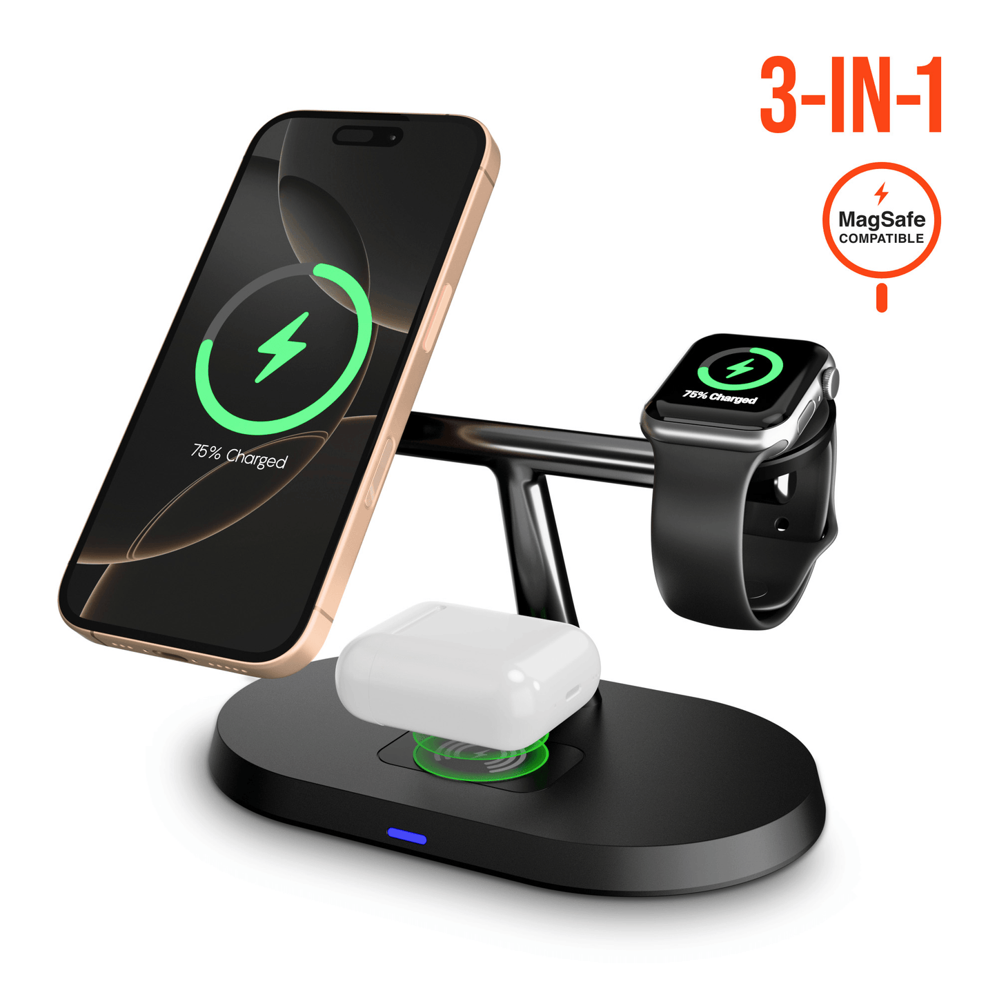 Station de charge 3-en-1 noire avec iPhone, Apple Watch et boîtier AirPods