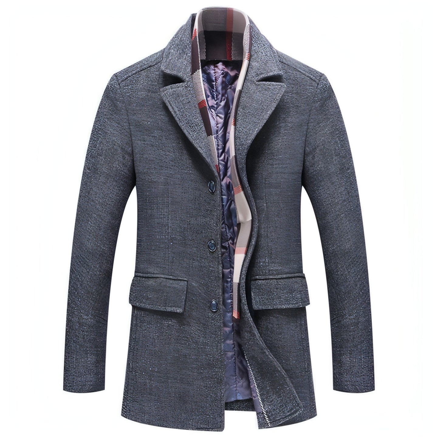 Veste mi-saison homme en laine grise, col cranté, poches, patte boutonnée, écharpe à carreaux.