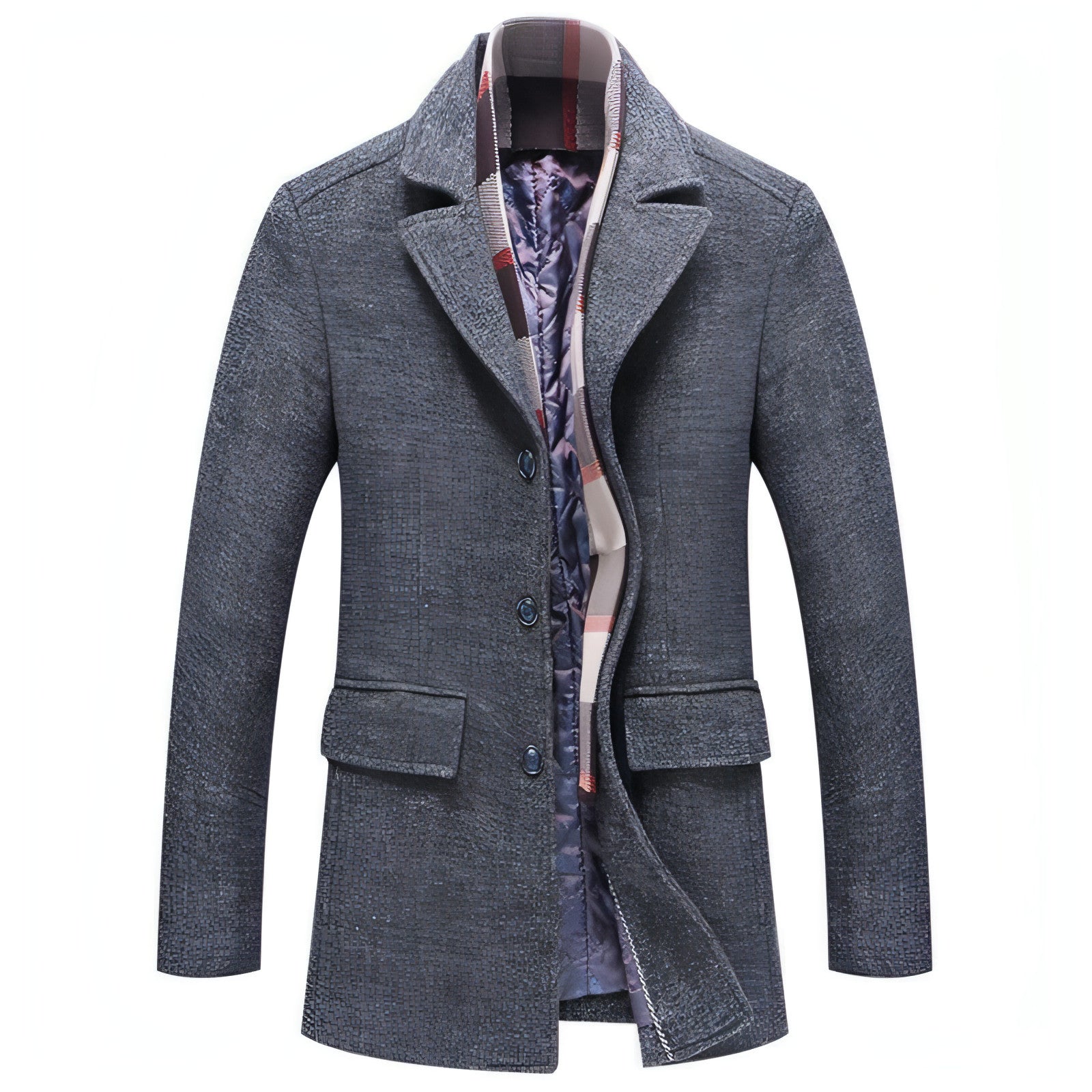 Veste mi-saison homme en laine grise, col cranté, poches, patte boutonnée, écharpe à carreaux.