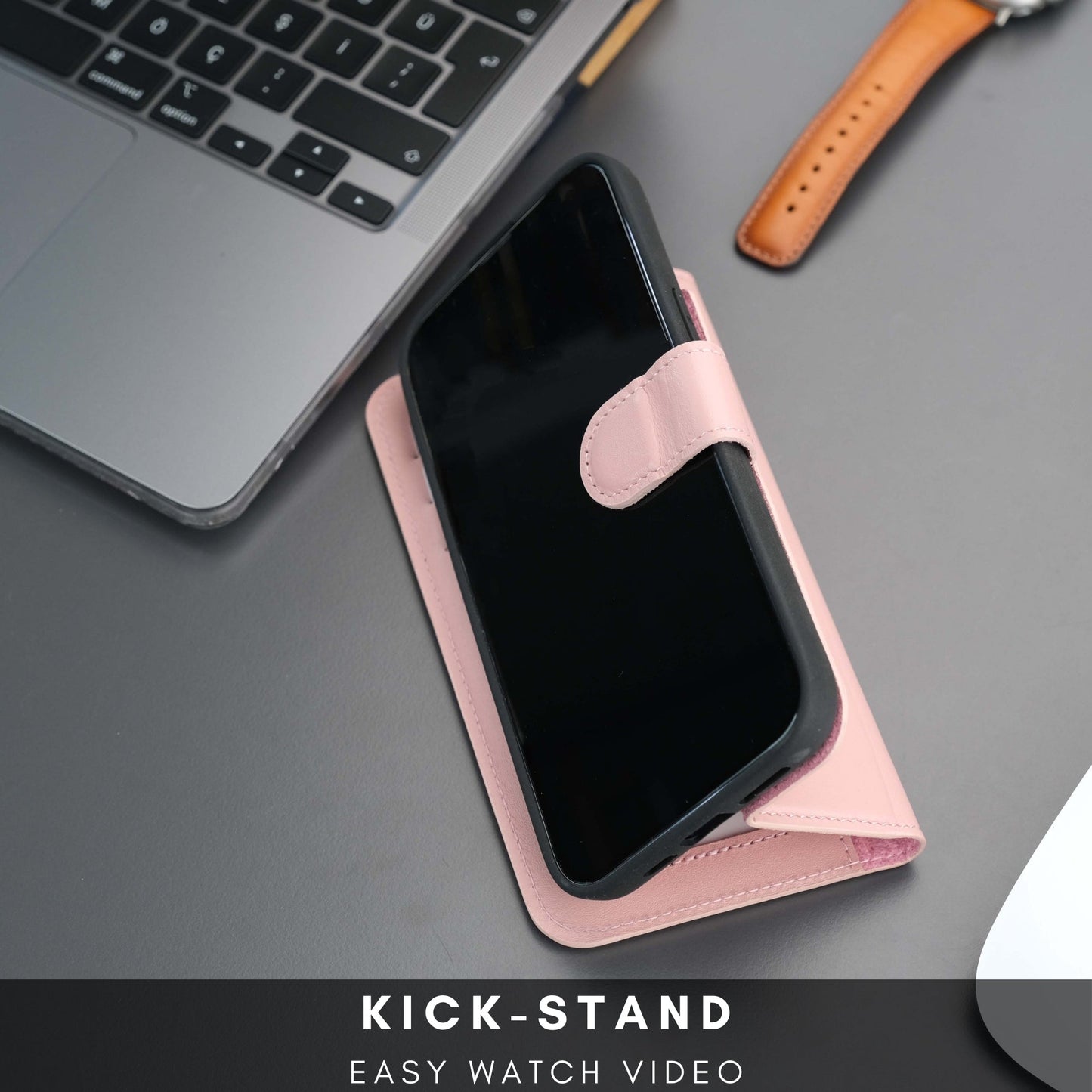 Coque portefeuille en cuir rose avec rabat en position support pour iPhone