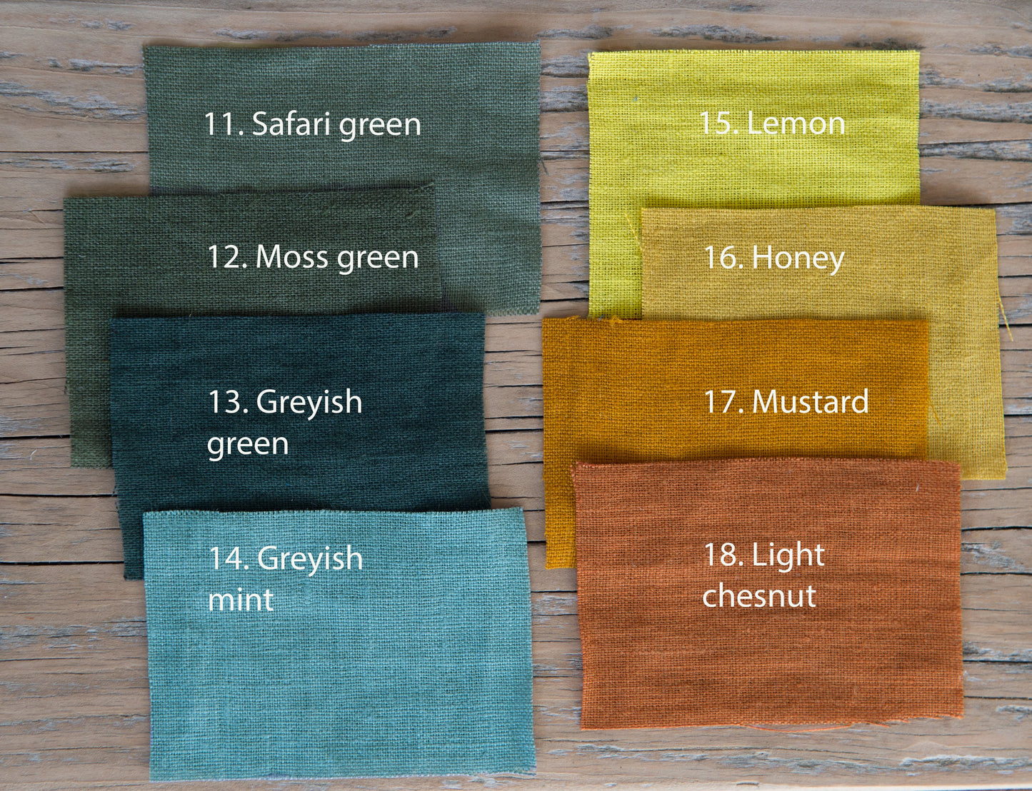 Nuancier de lin pour sac fourre-tout : vert safari, moss, vert-gris et moutarde.