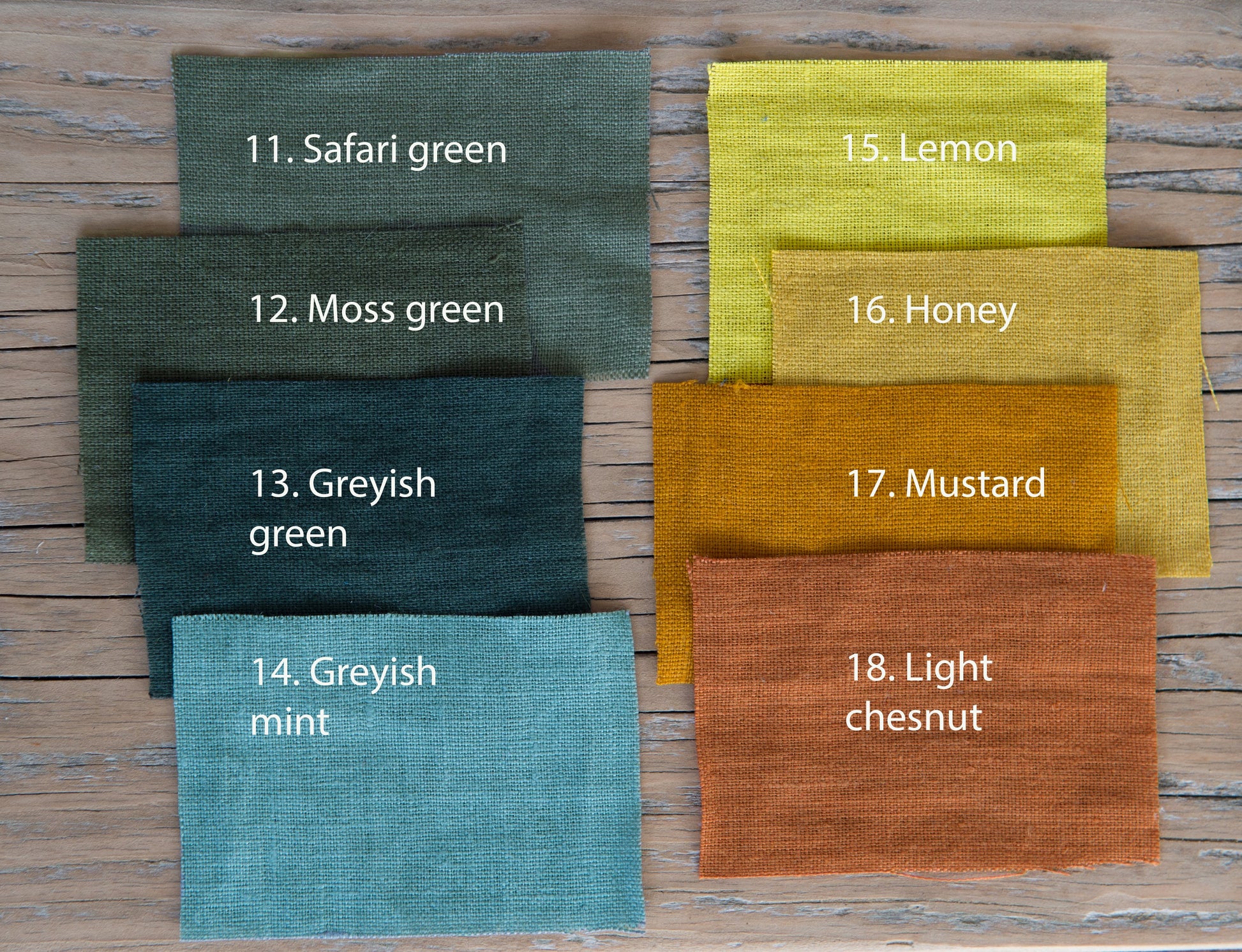 Nuancier de lin pour sac fourre-tout : vert safari, moss, vert-gris et moutarde.