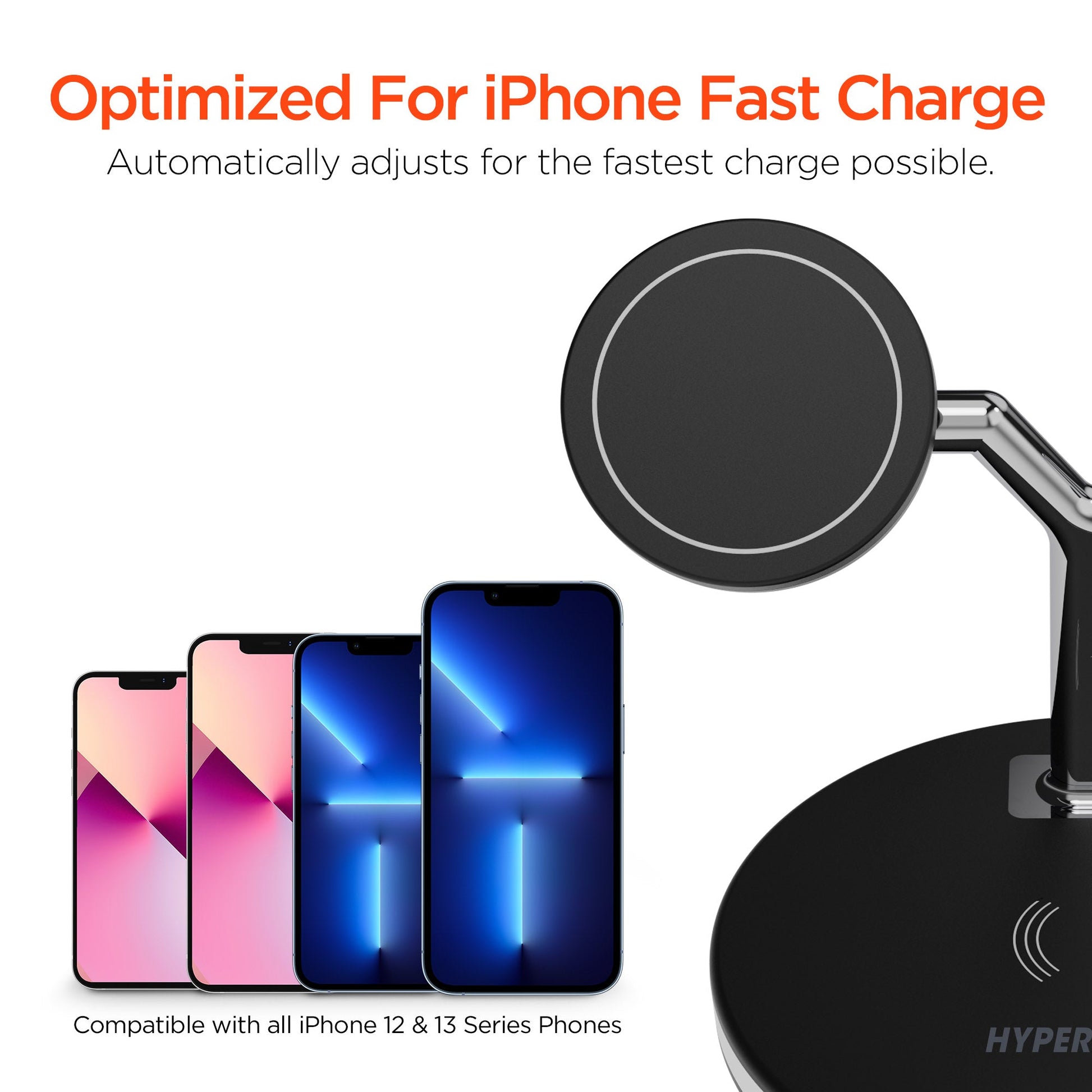 Socle de charge sans fil rond avec bras métallique et support intégré pour smartphone.