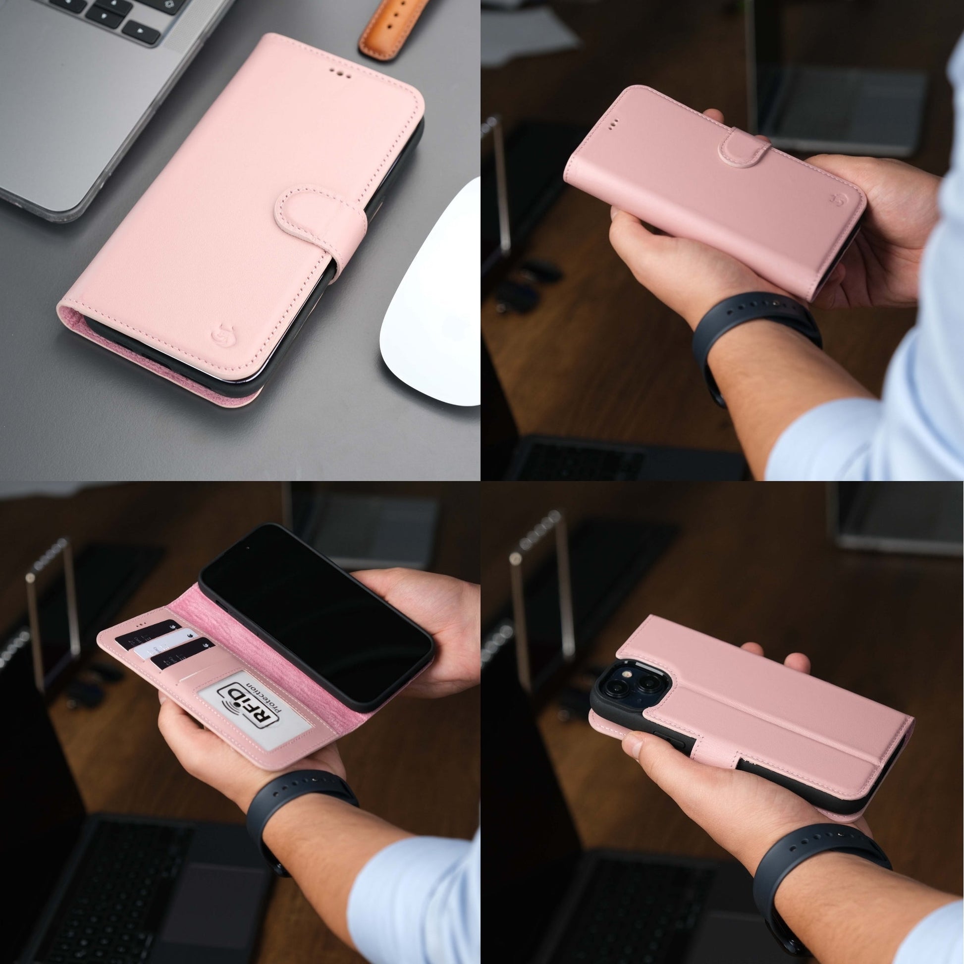 Coque portefeuille en cuir rose avec rabat et couture, protection pour iPhone
