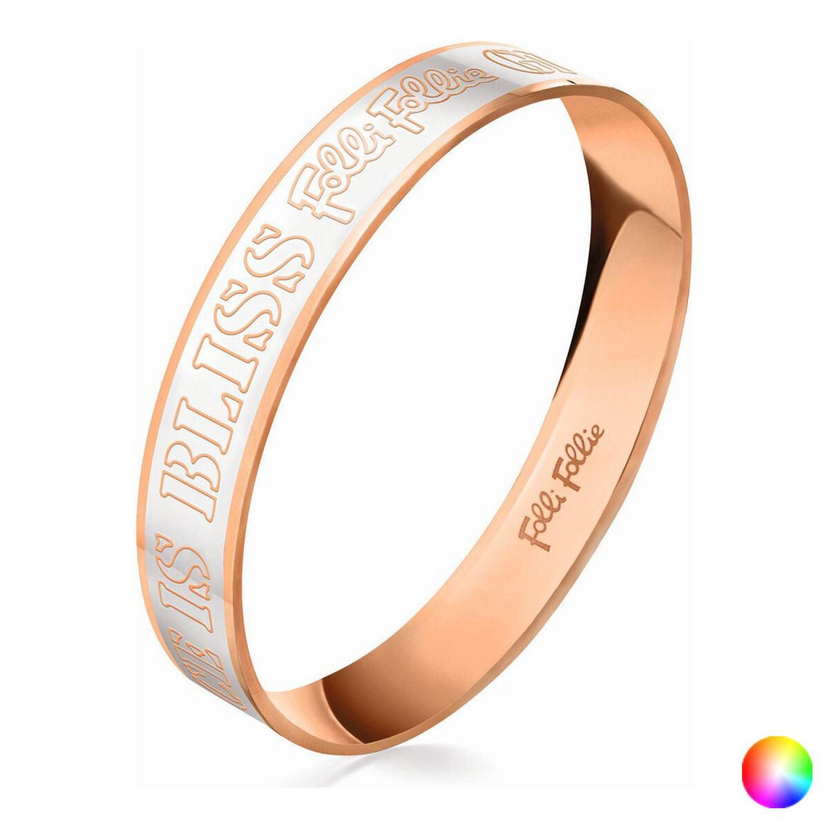 Bracelet manchette en acier rosé, inscription blanche « Folli Follie »