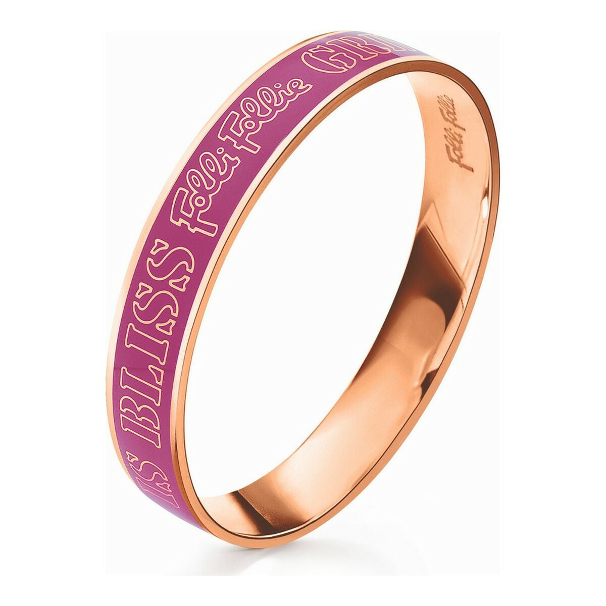 Bracelet manchette acier rosé, inscription violette sur l’anneau, face intérieure