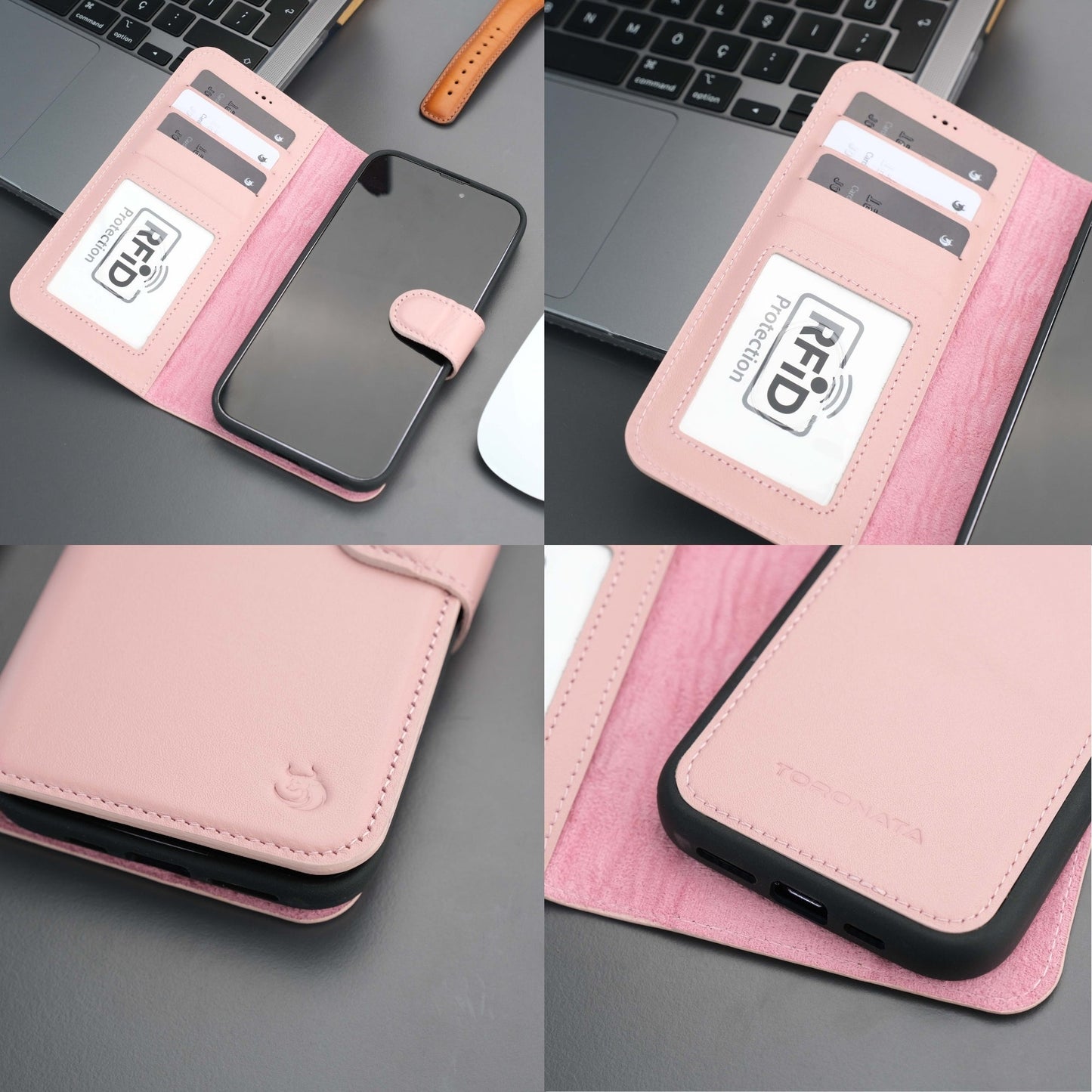 Coque portefeuille en cuir rose avec rabat et fenêtre carte, vue recto et dos