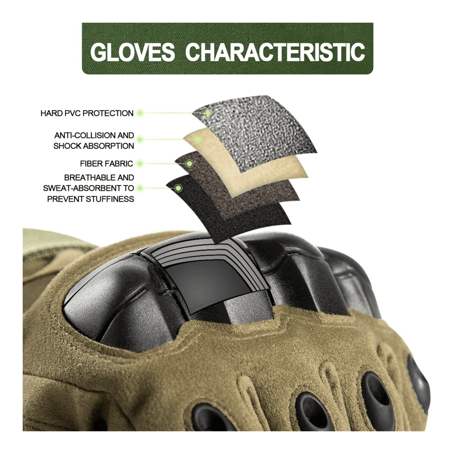 Gants tactiques kaki avec protections noires sur le dos de la main et coutures.