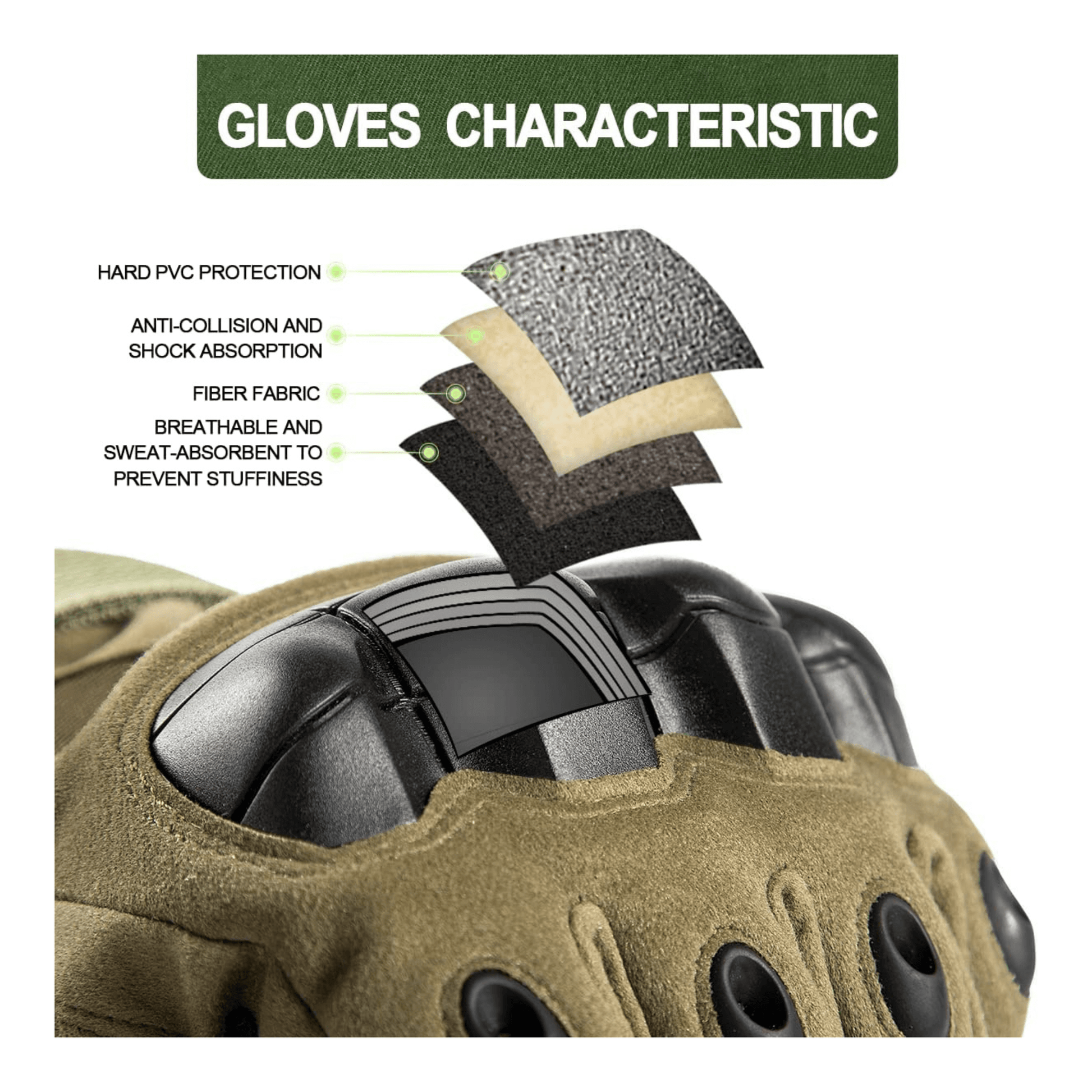 Gants tactiques kaki avec protections noires sur le dos de la main et coutures.