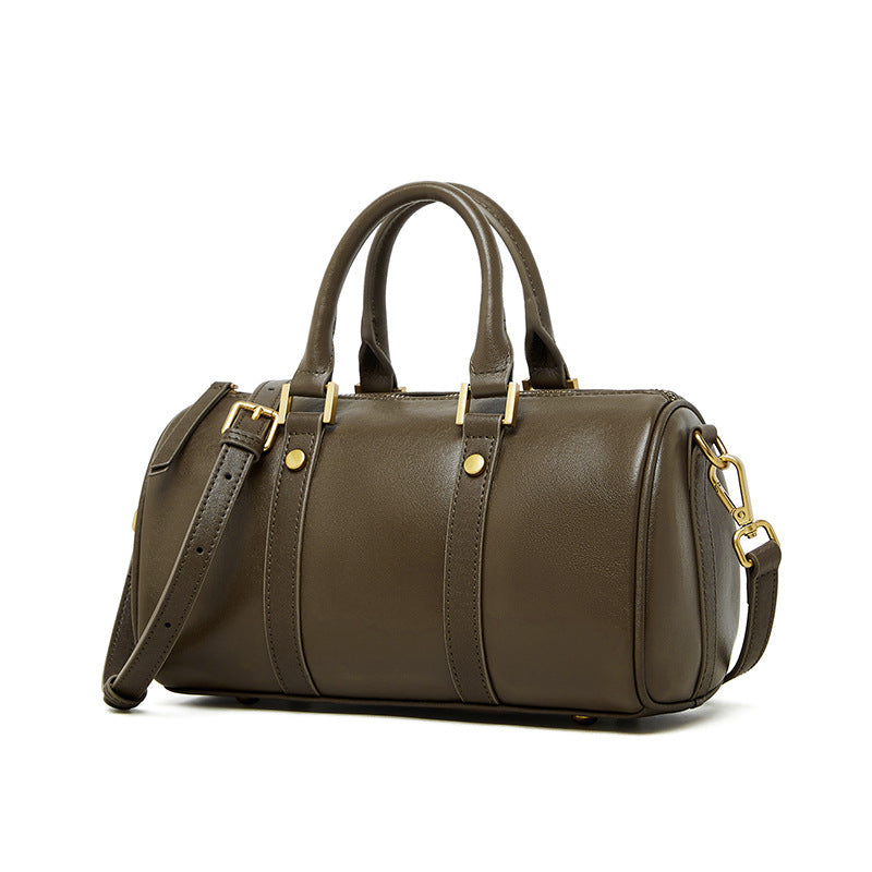 Sac bandoulière en cuir vert olive avec poignées et bandoulière, fermeture zippée