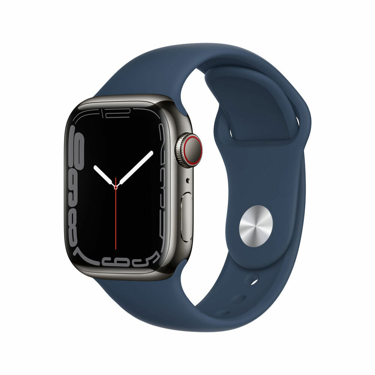 Montre connectée Apple Watch Series 7 avec cadran OLED et bracelet bleu marine.