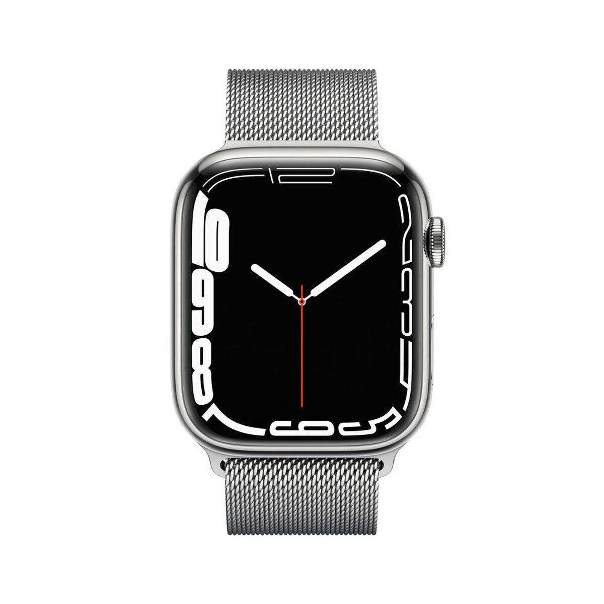Apple Watch Series 7 argent : bracelet maille acier, cadran noir lumineux.