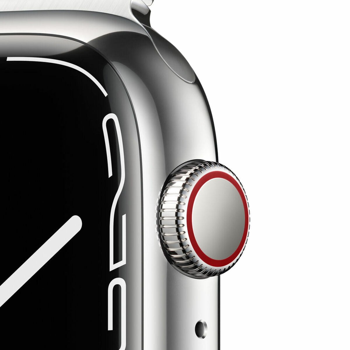 Apple Watch Series 7 argent : couronne latérale avec anneau rouge, boîtier métal.