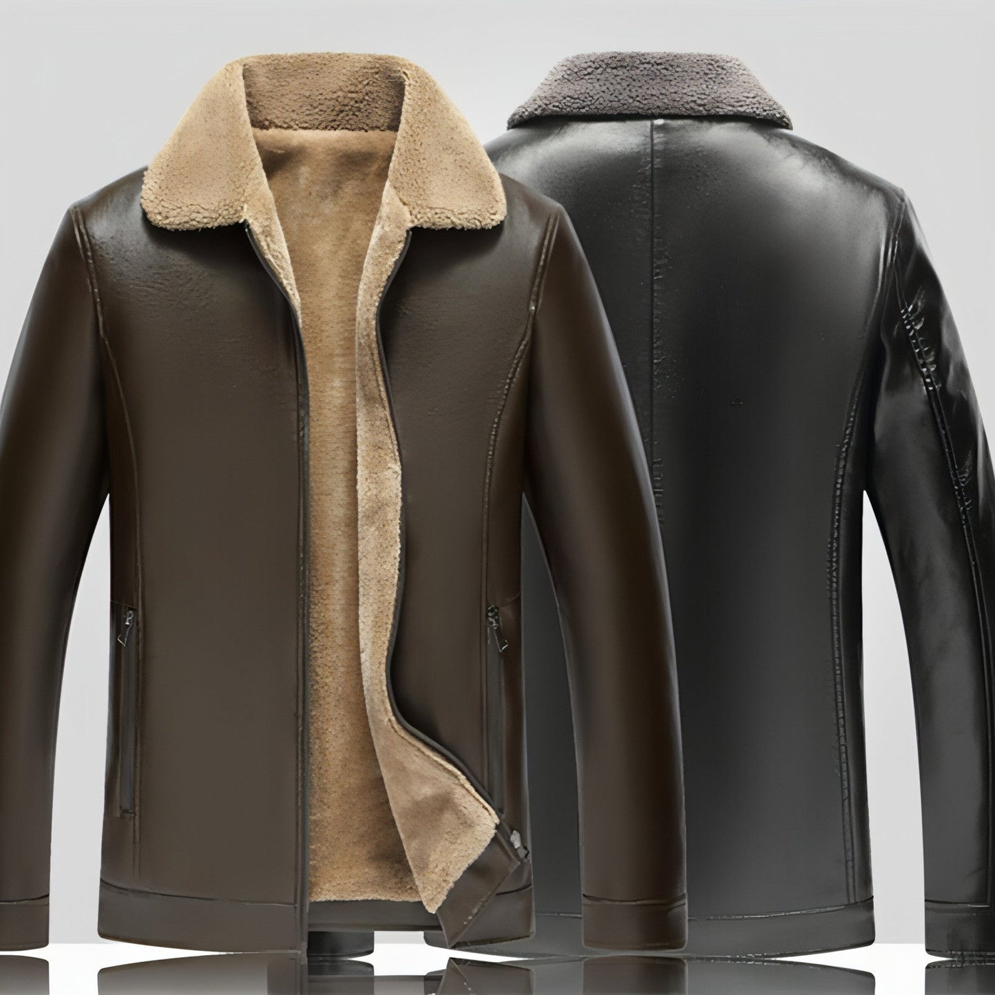 Veste en cuir marron foncé, doublure polaire beige, col polo, zip frontal