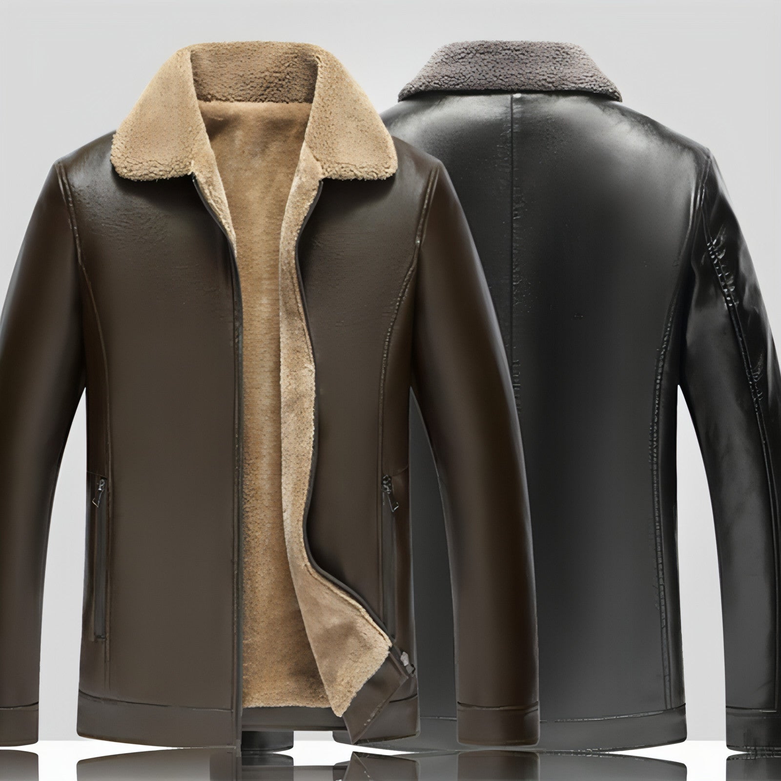 Veste en cuir marron foncé, doublure polaire beige, col polo, zip frontal