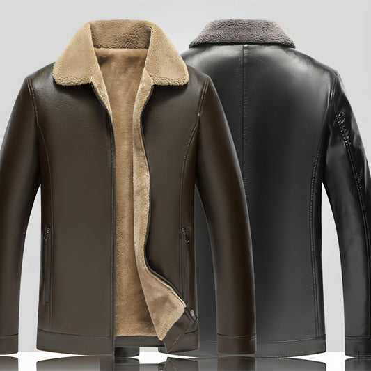 Veste en cuir marron foncé, doublure polaire beige, col polo, zip frontal