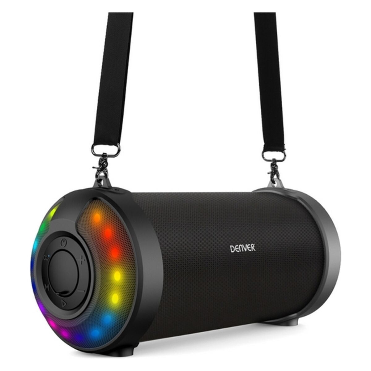Enceinte Bluetooth portable noire avec anneau LED RGB et boutons sur le côté