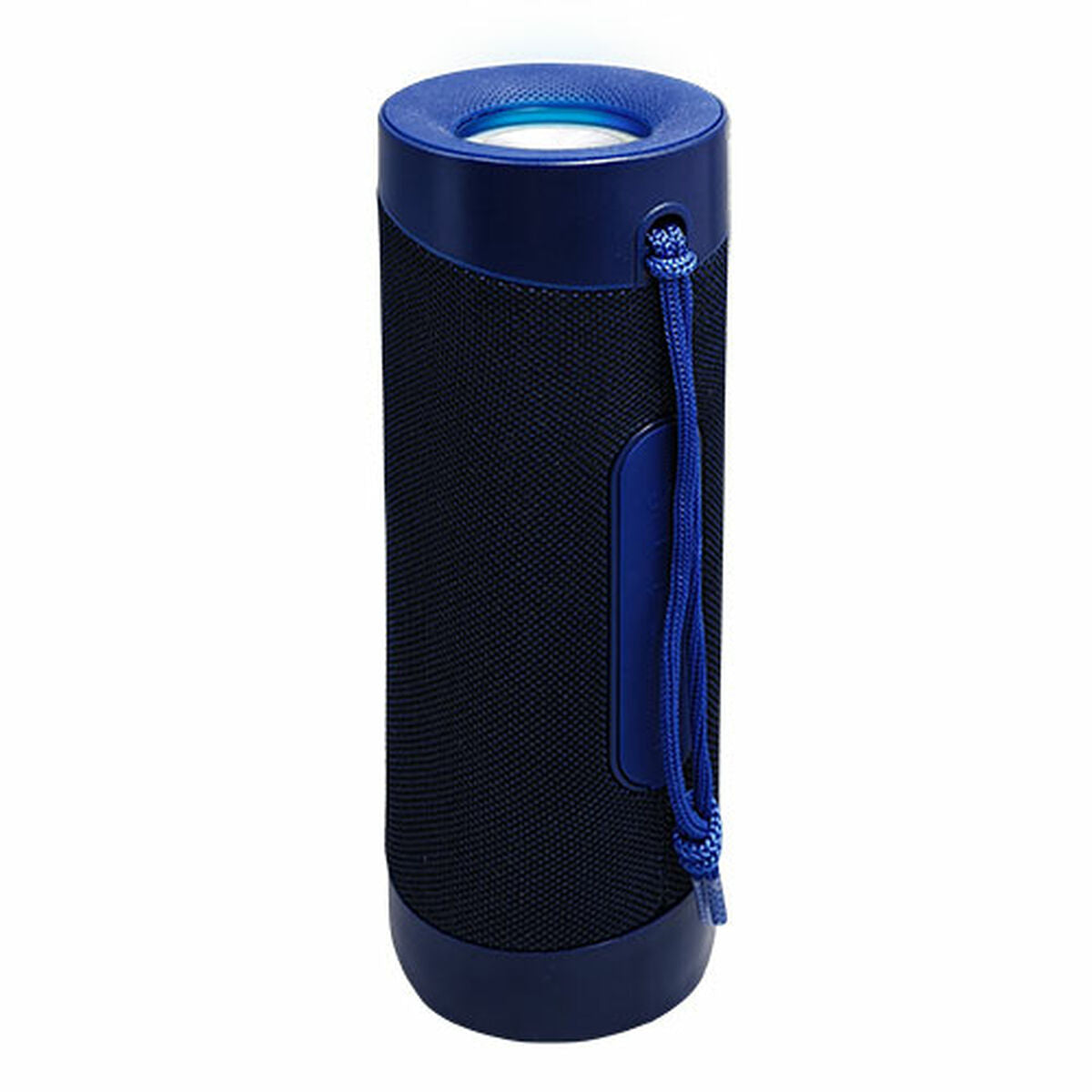 Enceinte Bluetooth portable Denver cylindrique bleue, panneau de boutons et dragonne