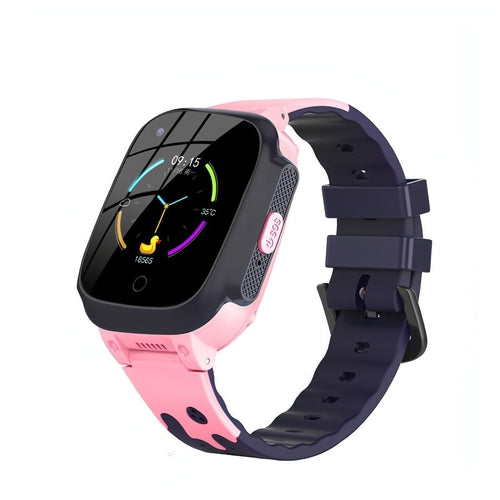 Montre connectée pour téléphone, bracelet rose avec cadran noir, sangle bleue marine