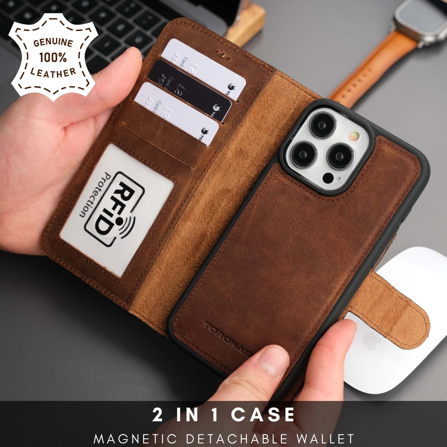 Coque portefeuille en cuir marron avec porte-cartes RFID, rabat magnétique et protection.