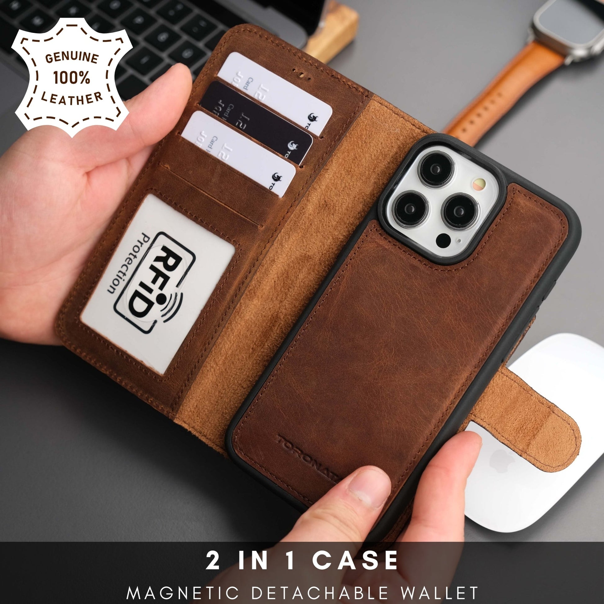 Coque portefeuille en cuir marron avec porte-cartes RFID, rabat magnétique et protection.