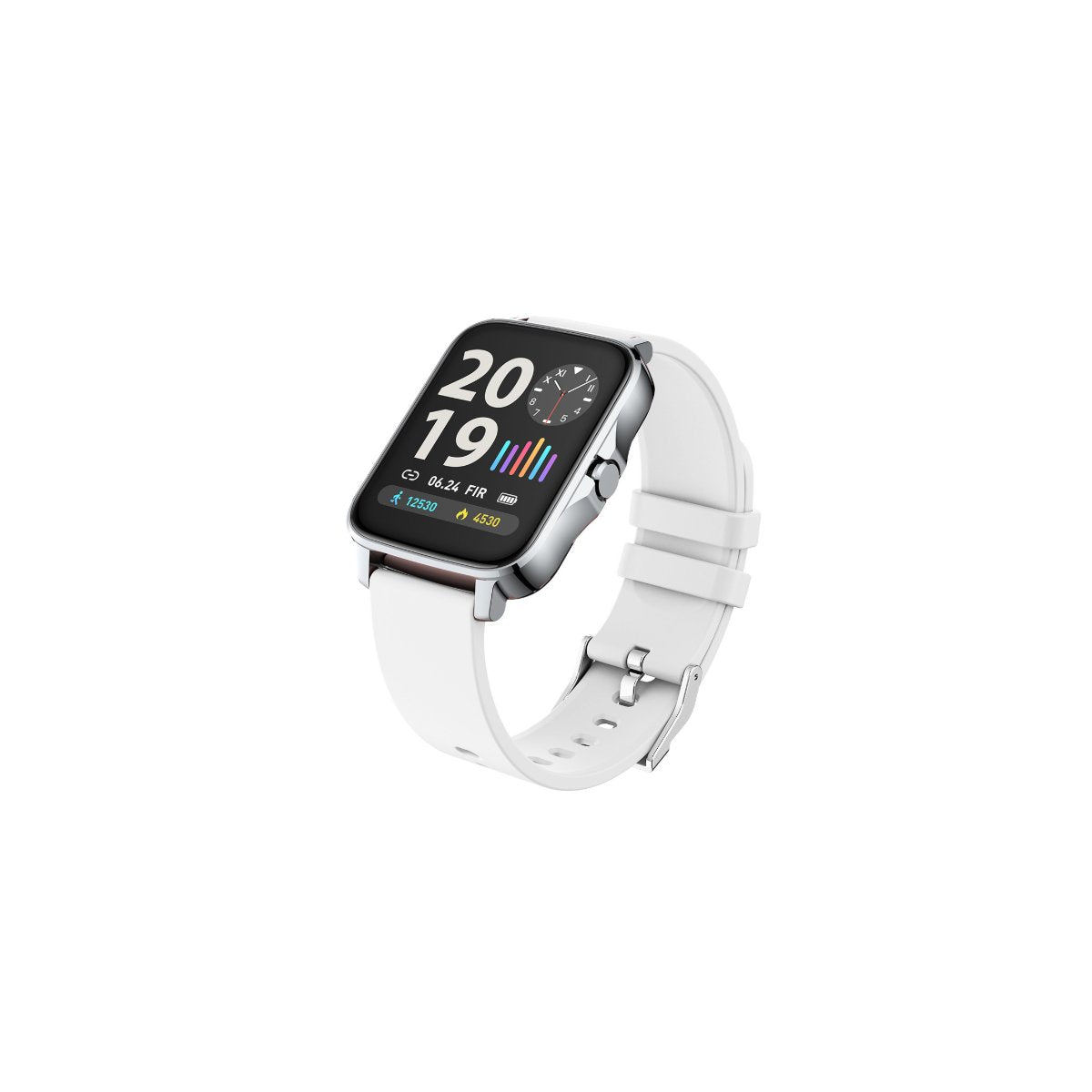 Montre connectée avec bracelet blanc, boîtier argenté, écran noir