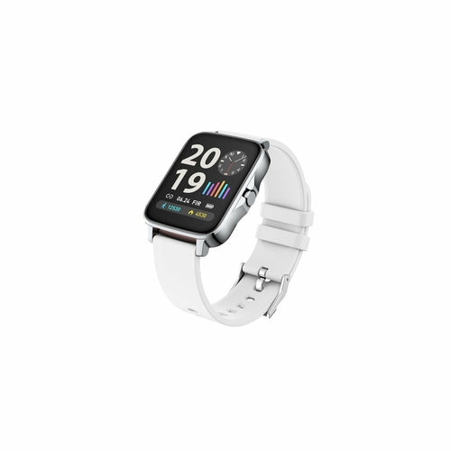 Montre connectée avec bracelet blanc, boîtier argenté, écran noir