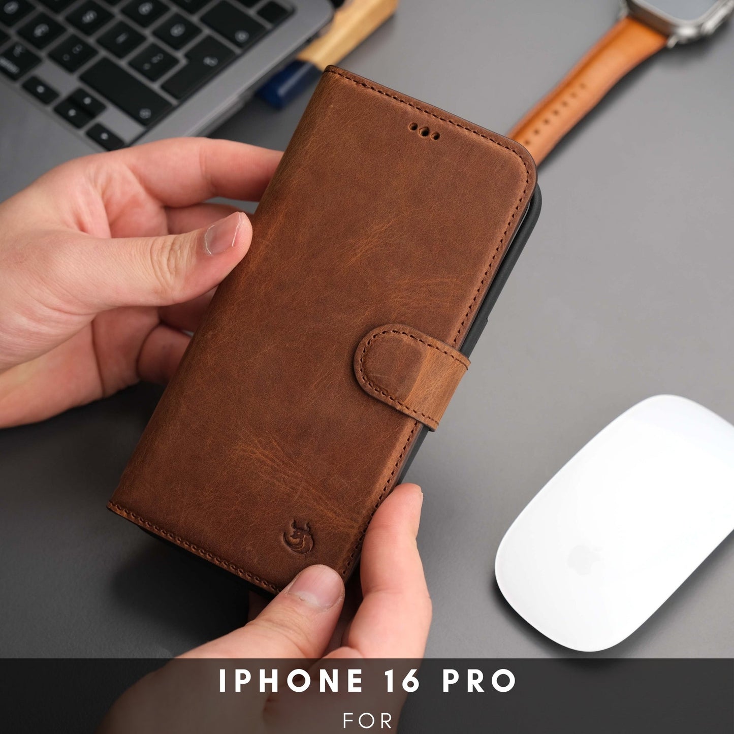Coque portefeuille en cuir marron pour iPhone, rabat avec boucle de fermeture