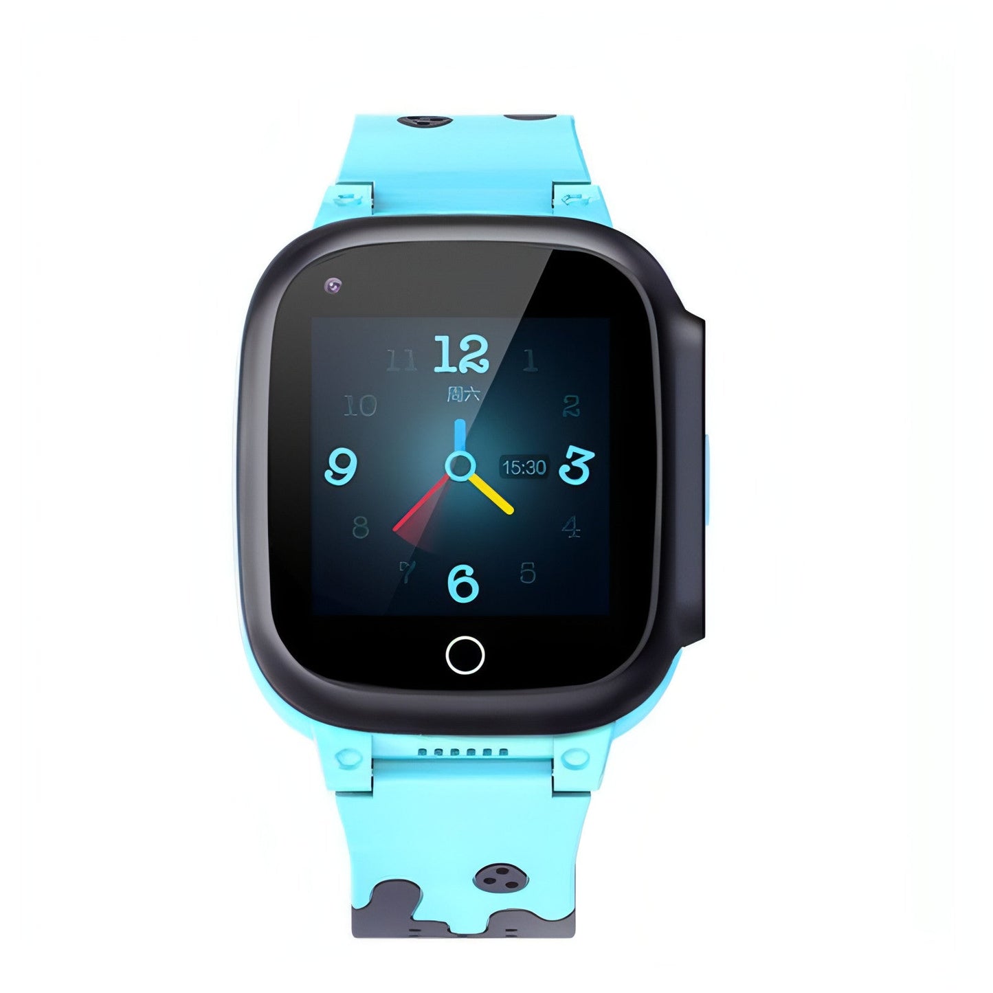 Montre connectée pour téléphone, écran noir et bracelet bleu clair à motifs