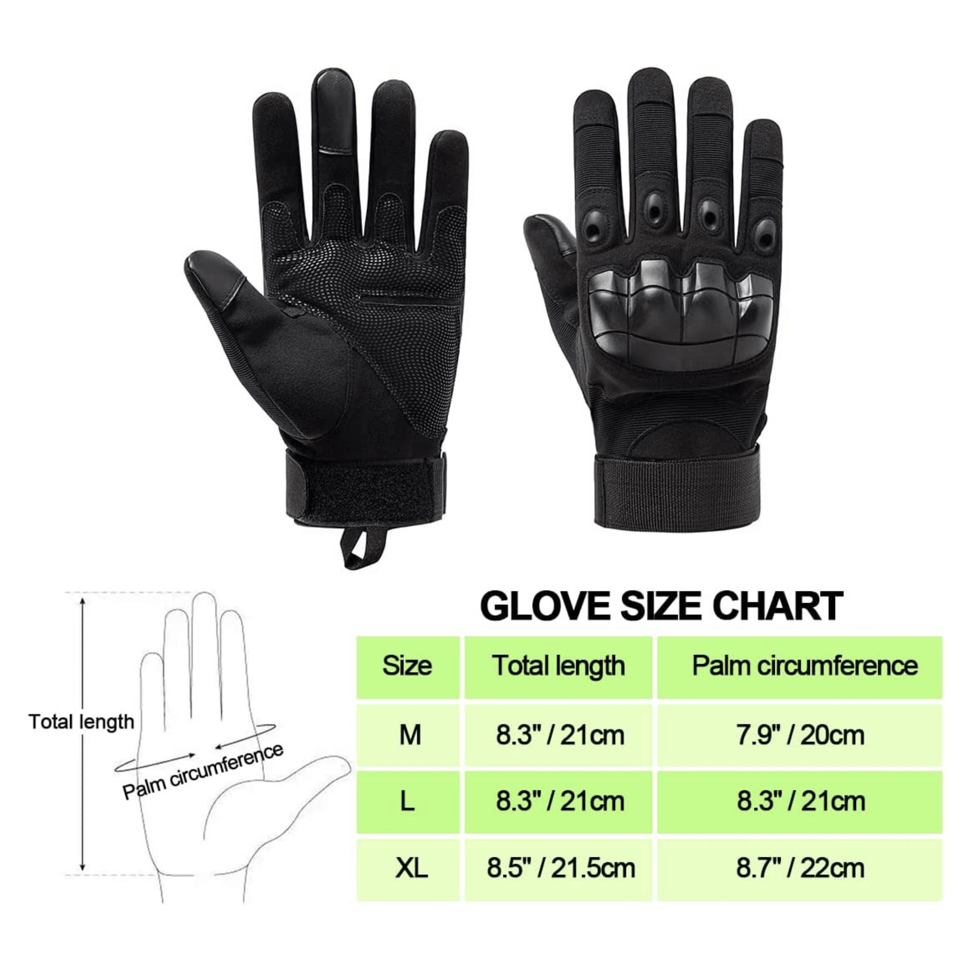 Gants tactiques noirs, vue paume et dos avec poignets texturés et scratch