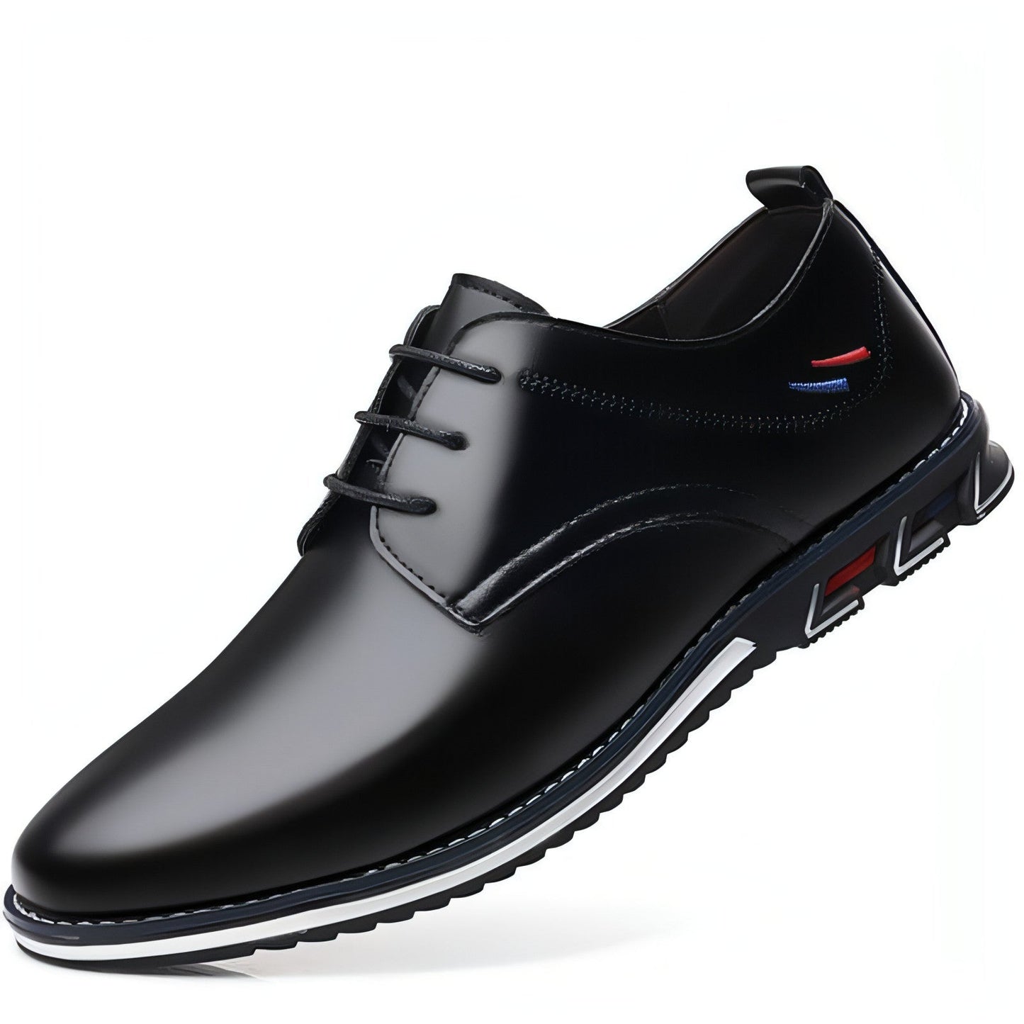 Chaussure casual noire en cuir, bout lisse, lacets et semelle profilée