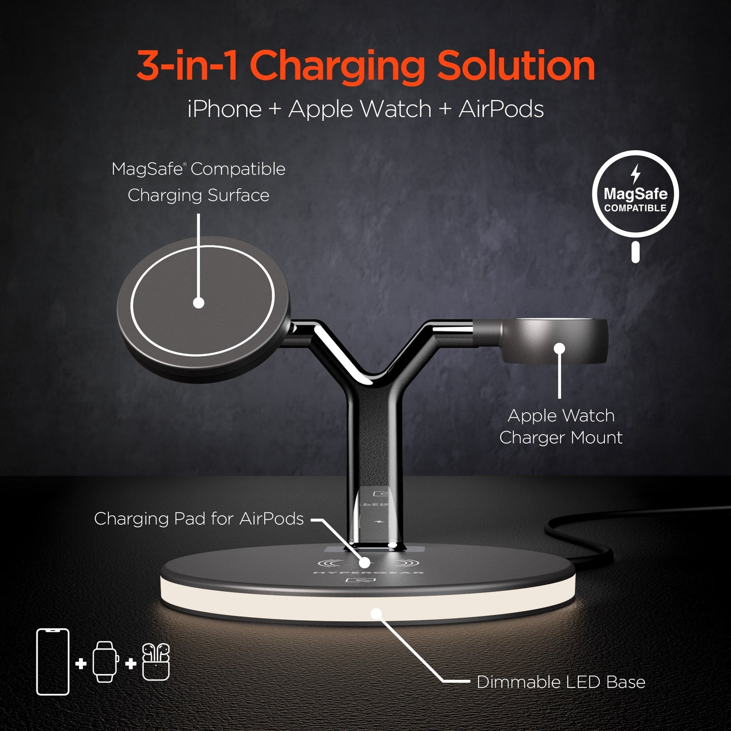 Station de charge 3-en-1 noire avec bras et base LED atténuable, vue schéma.